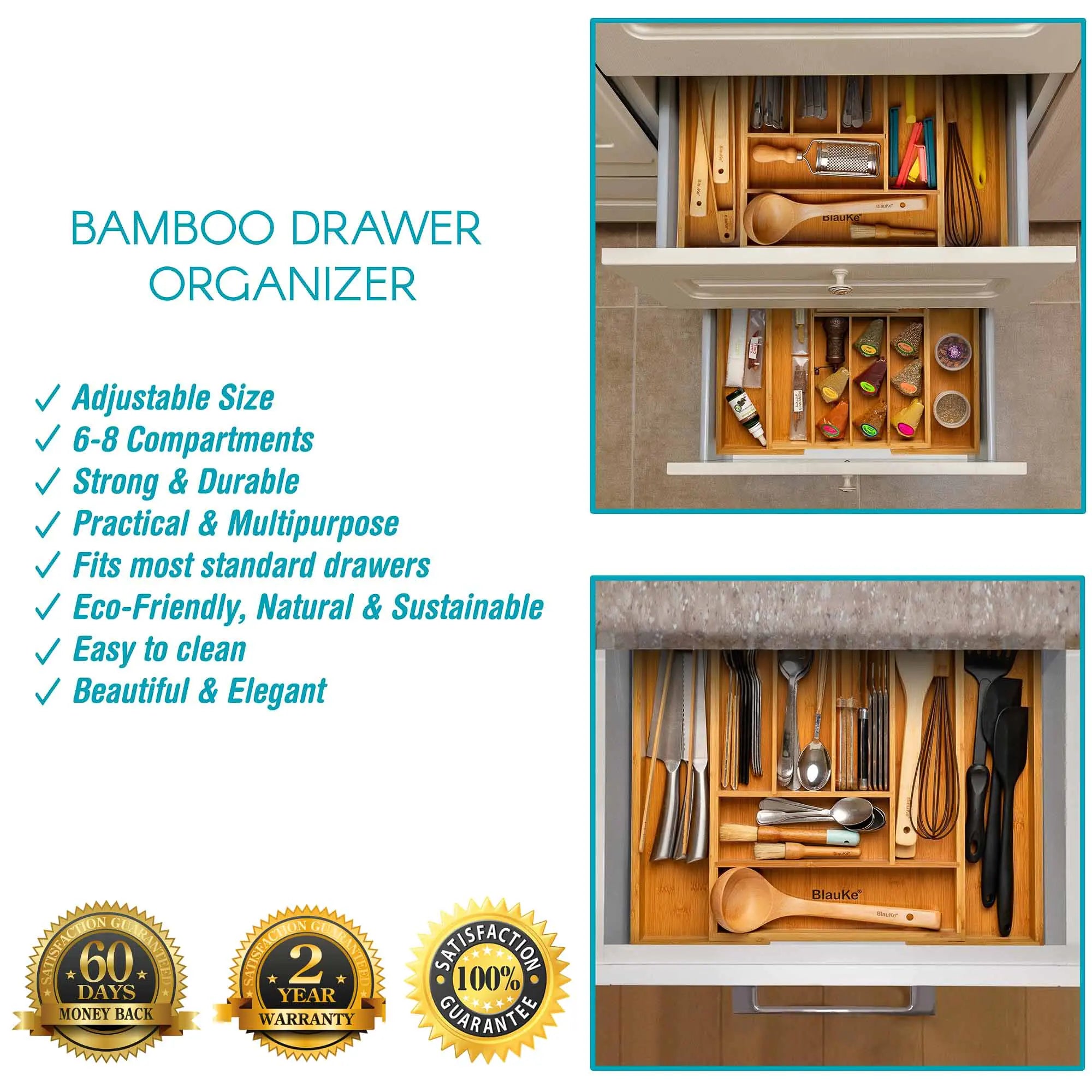 Expandable Bamboo Drawer Organizer with 6-8 Compartments